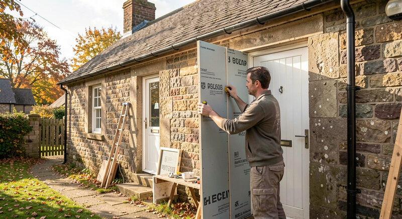 A builder fitting an insulation board to the outside wall of an old stone cottage on a bright autumn morning.