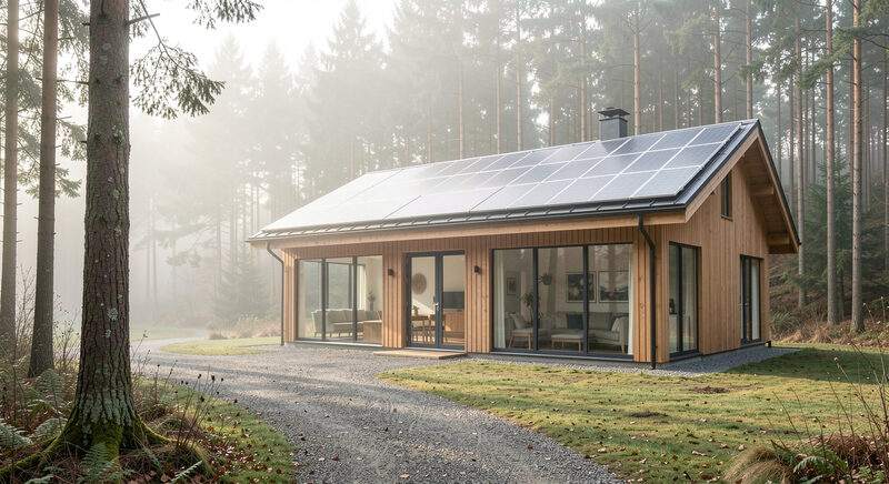 A timber and glass low-energy house beside a forest clearing with a wide solar roof in morning mist